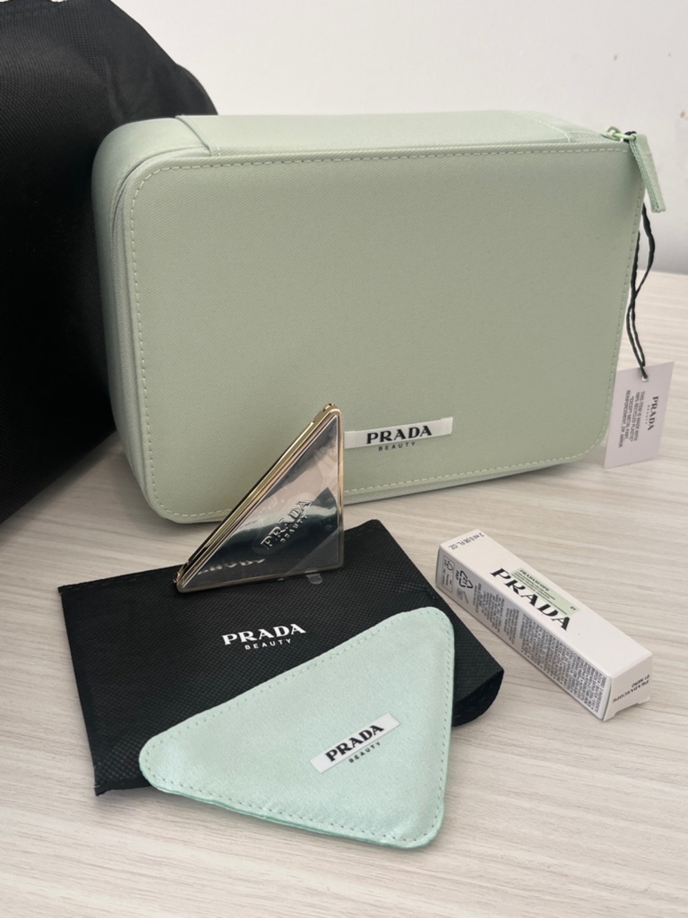 Prada 3-pc Green Vanity & Double Mirror & Mascara Luxury Beauty Gift Set New GWP